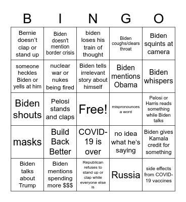 Biden state of union 2022 Bingo Card