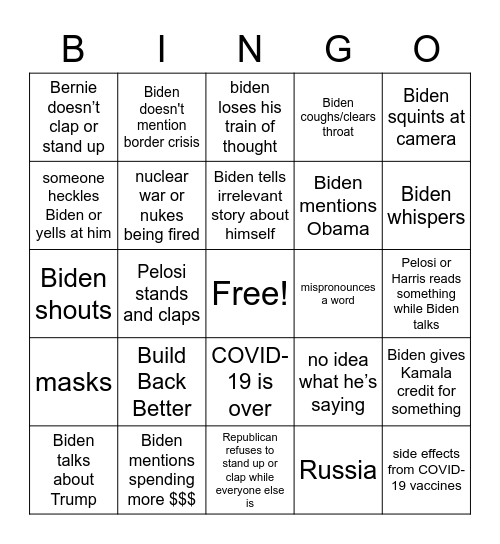 Biden state of union 2022 Bingo Card