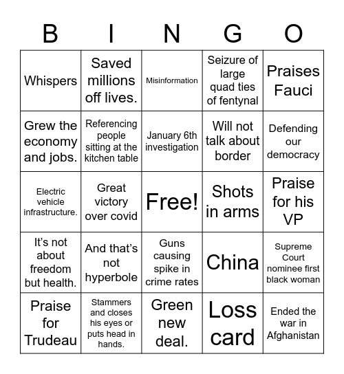 State of the Union Bingo Card