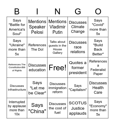 2022 State of the Union Bingo Card