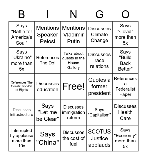 2022 State of the Union Bingo Card