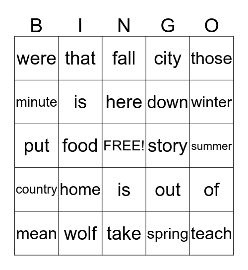 Sight Word Bingo Card