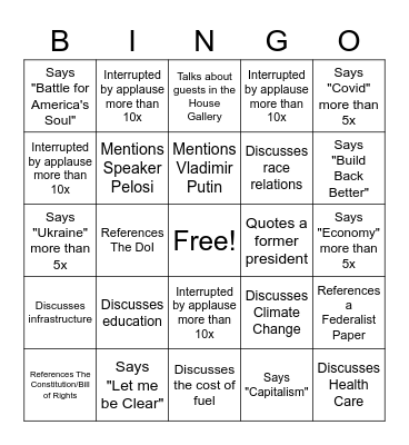 2022 State of the Union Bingo Card