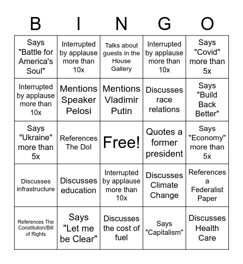 2022 State of the Union Bingo Card