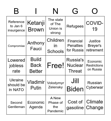 State of the Union 2022 Bingo Card