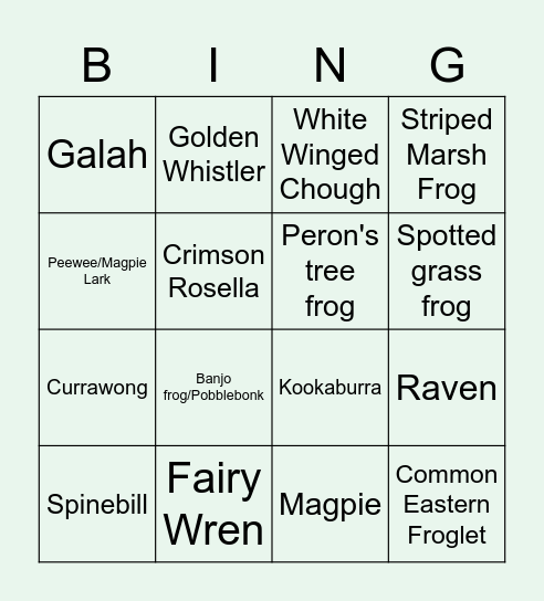 Aussie birds and frogs Bingo Card