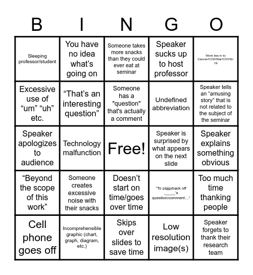 UTA Seminar Bingo Card