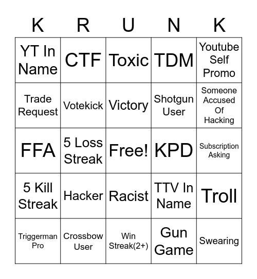 Krunker Bingo Card