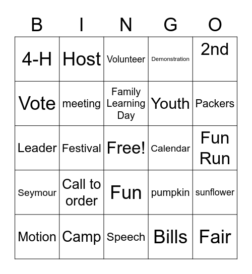 Country Slickers 4-H Bingo Card