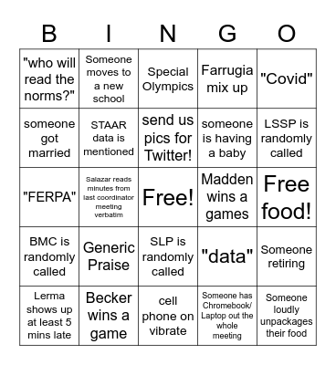 SpEd Dept Meeting Bingo Card