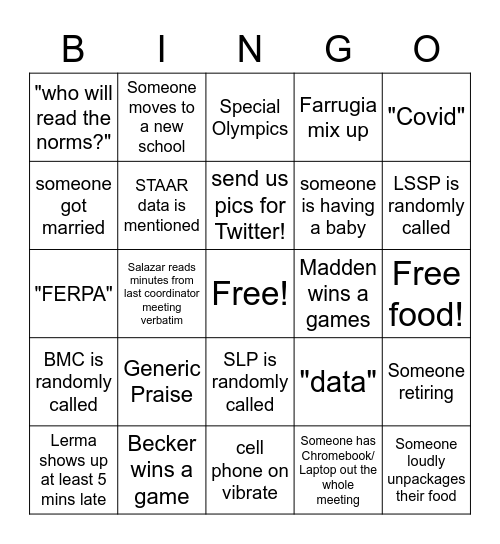 SpEd Dept Meeting Bingo Card