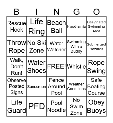 WATER SAFETY BINGO Card