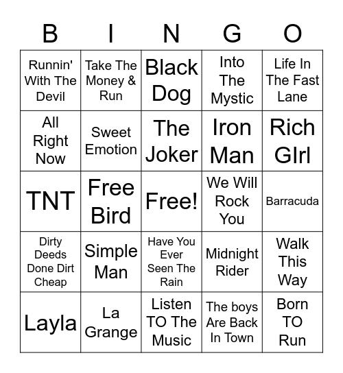 70s Rock Bingo Card