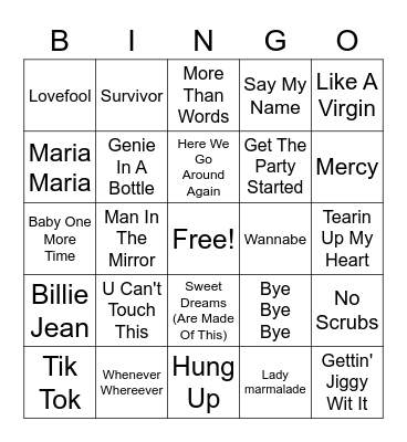 Pop Hits Bingo Card