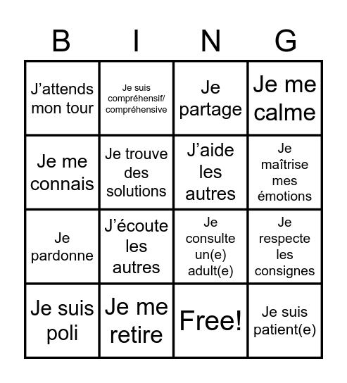 Habiletés sociales!! Bingo Card