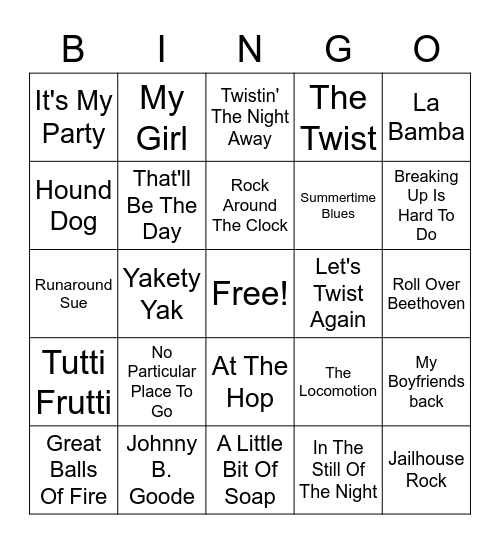 Sock Hop Bingo Card