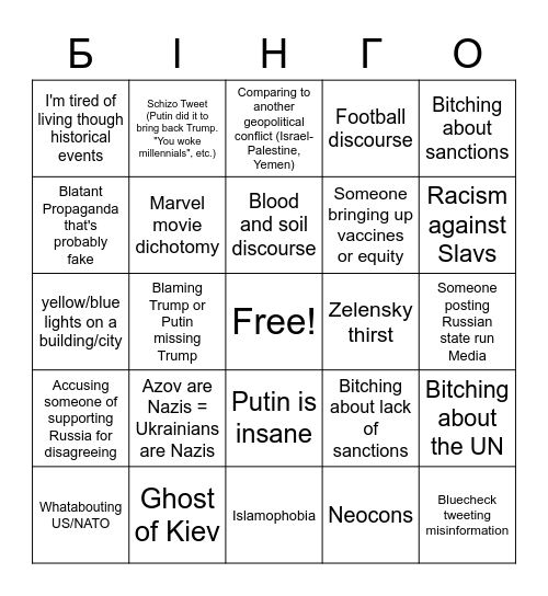 Ukraine Discourse Bingo Card