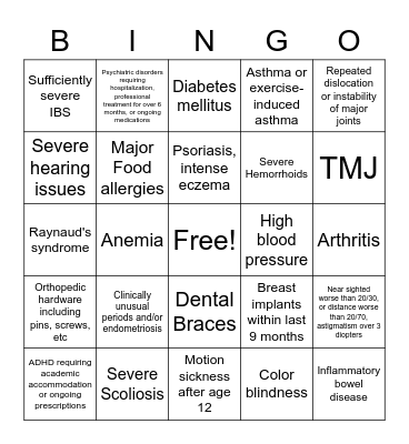 Military Draft Disqualification Bingo Card