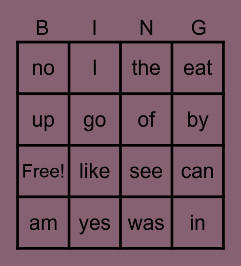 K Sight Word Bingo Card