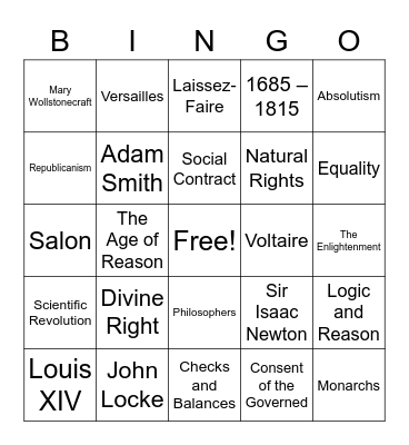 The Enlightenment and Absolutism Bingo Card