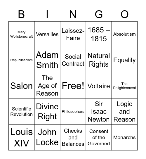 The Enlightenment and Absolutism Bingo Card