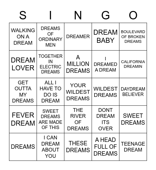 724 DREAMS Bingo Card