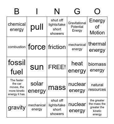 Energy Bingo Card