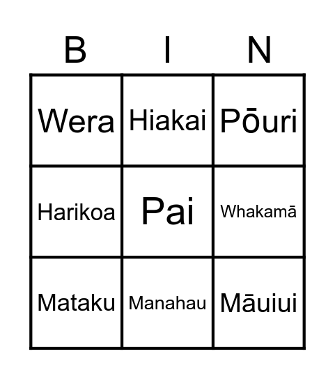 Te Reo - Feelings Bingo Card