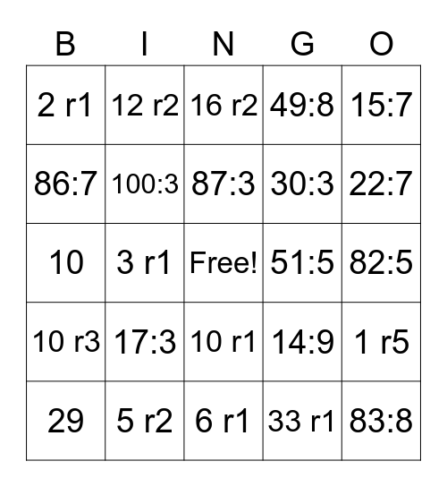 Easy division with remainder Bingo Card