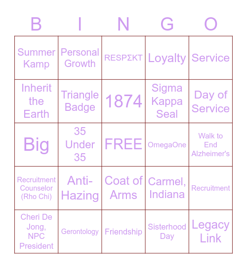 Sigma Kappa Bingo - Facts, History, Resources, etc. Bingo Card