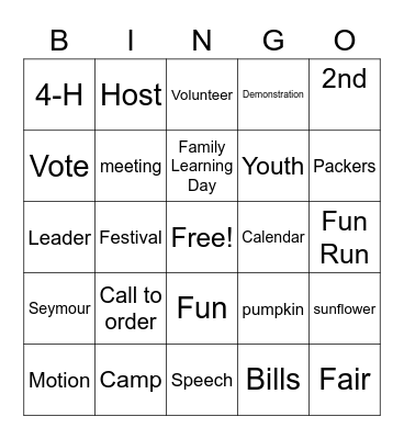Country Slickers 4-H Bingo Card