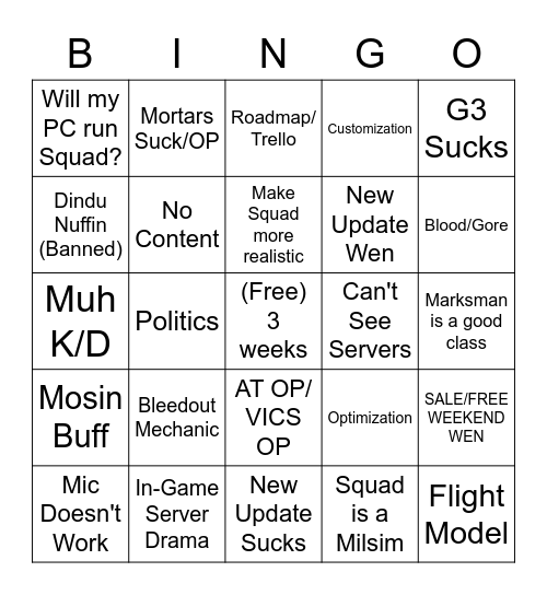 Squad General (March 2, 2022) Bingo Card