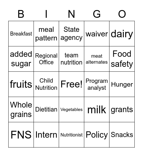 USDA FNS Intern Bingo Card