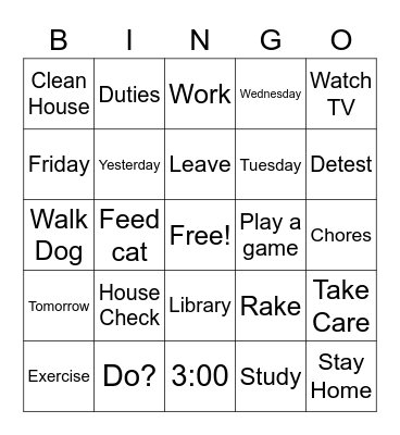 ASL: Chores, Activity and Tell time Bingo Card