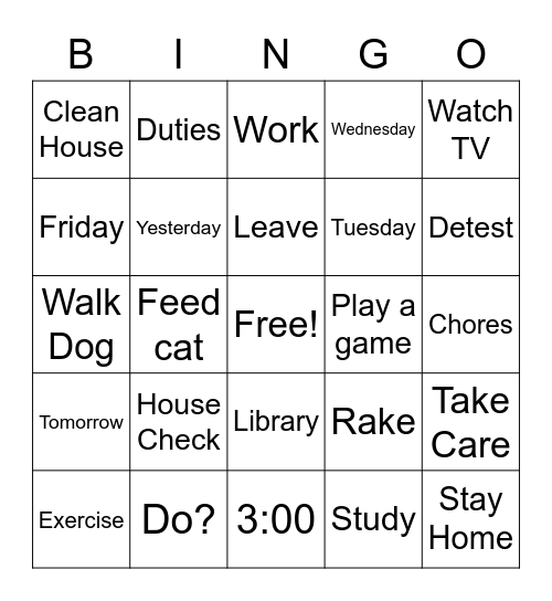 ASL: Chores, Activity and Tell time Bingo Card