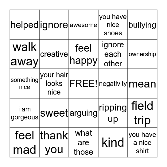 no bullying Bingo Card