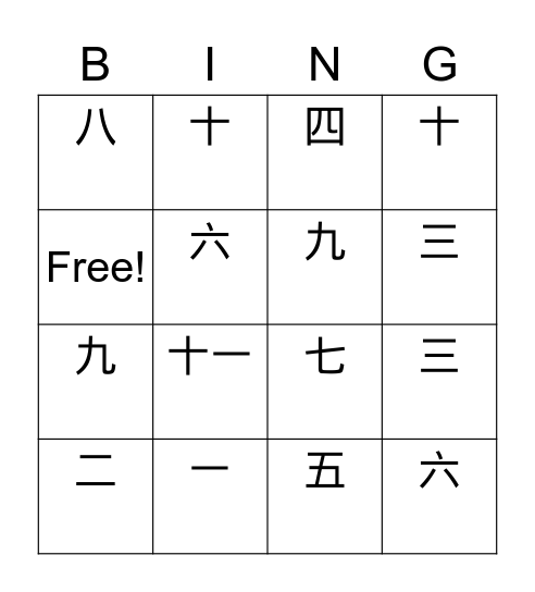 Chinese Number Bingo Card