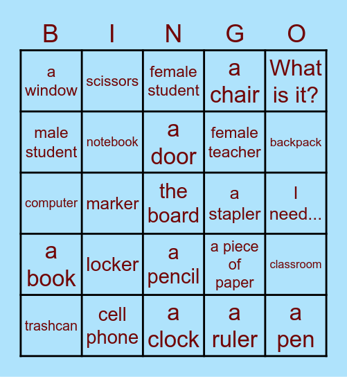 La Sala de Clase (inglés) Bingo Card