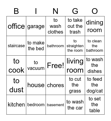 House and Chores Bingo Card