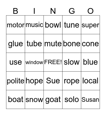Long Vowel Sounds "o,u" Bingo Card