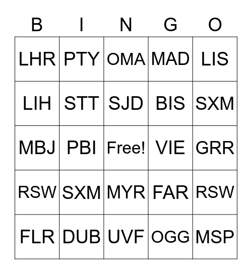 Airport Code Bingo Card