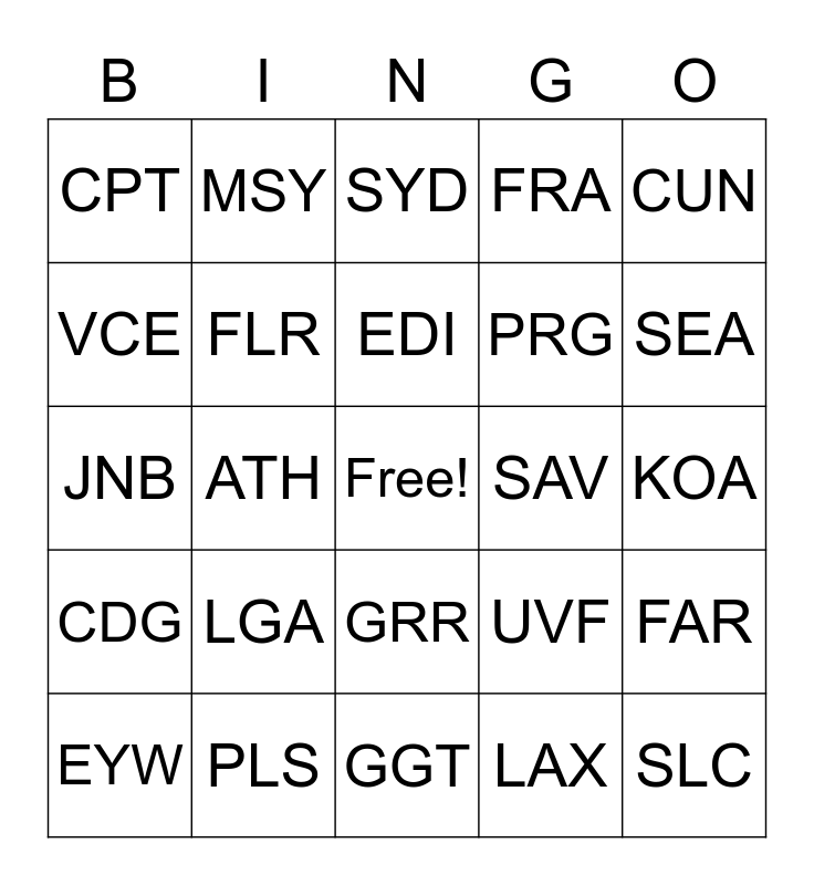 Airport Code Bingo Card