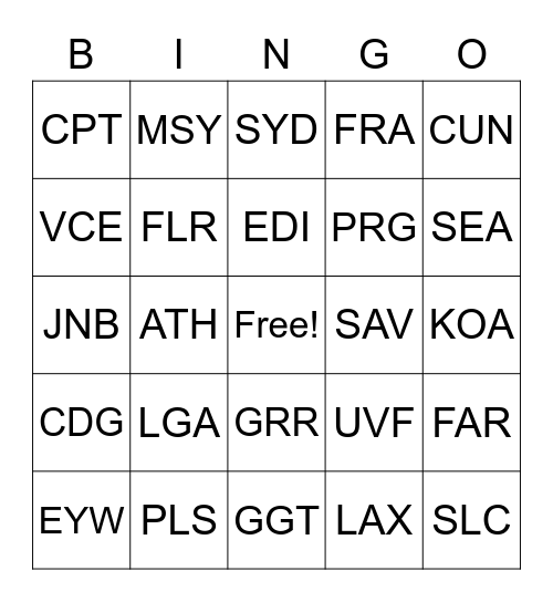 Airport Code Bingo Card