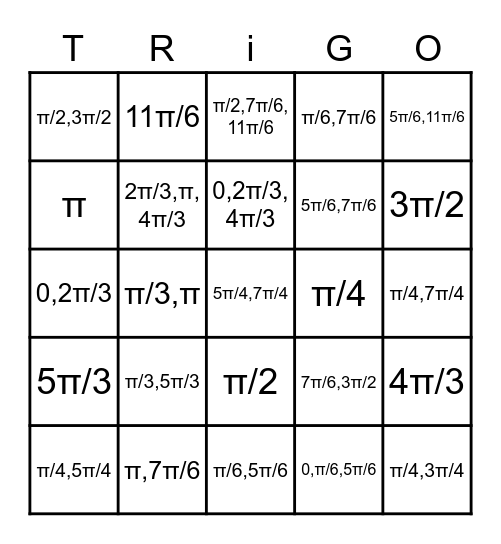 Trigonometric Equations Bingo Card