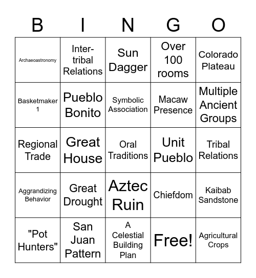 Archaeology in the Southwest Bingo Card