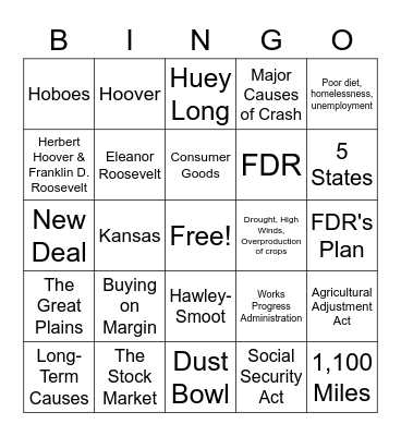 The Great Depression Bingo Card