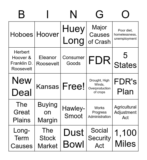 The Great Depression Bingo Card