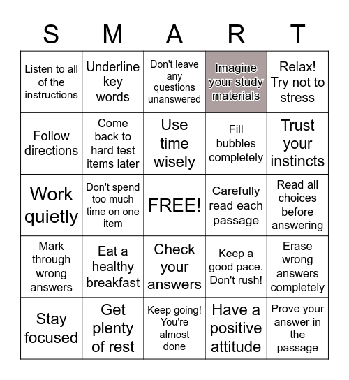 Smart Test Taking Strategies Bingo Card