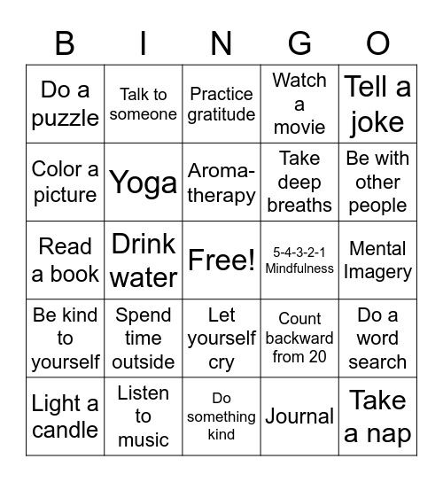 Coping Skill Bingo Card