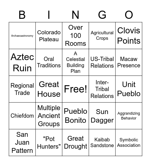 Archaeology in the Southwest Bingo Card